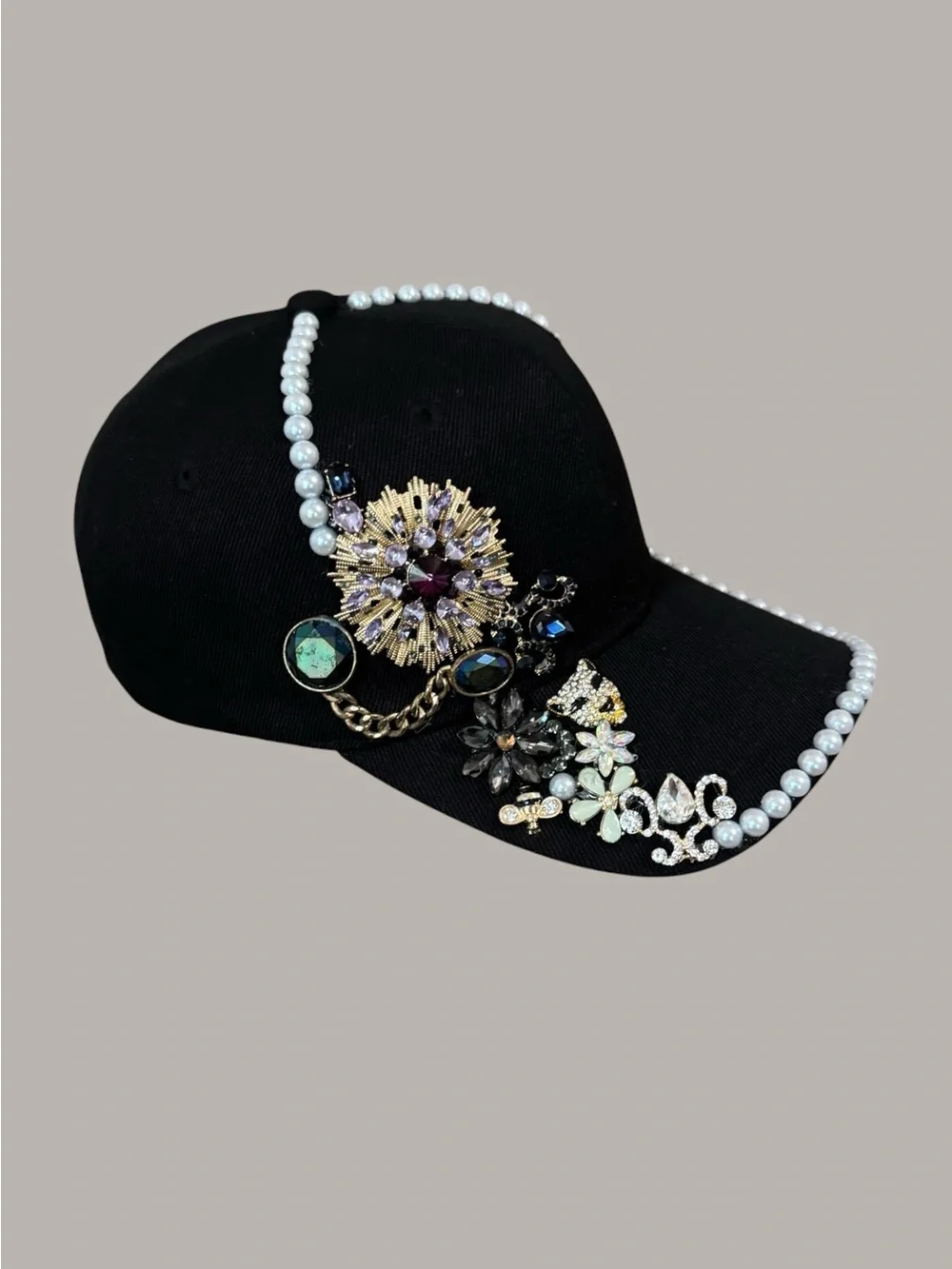 Embellished Black Pearl Trim Baseball Cap